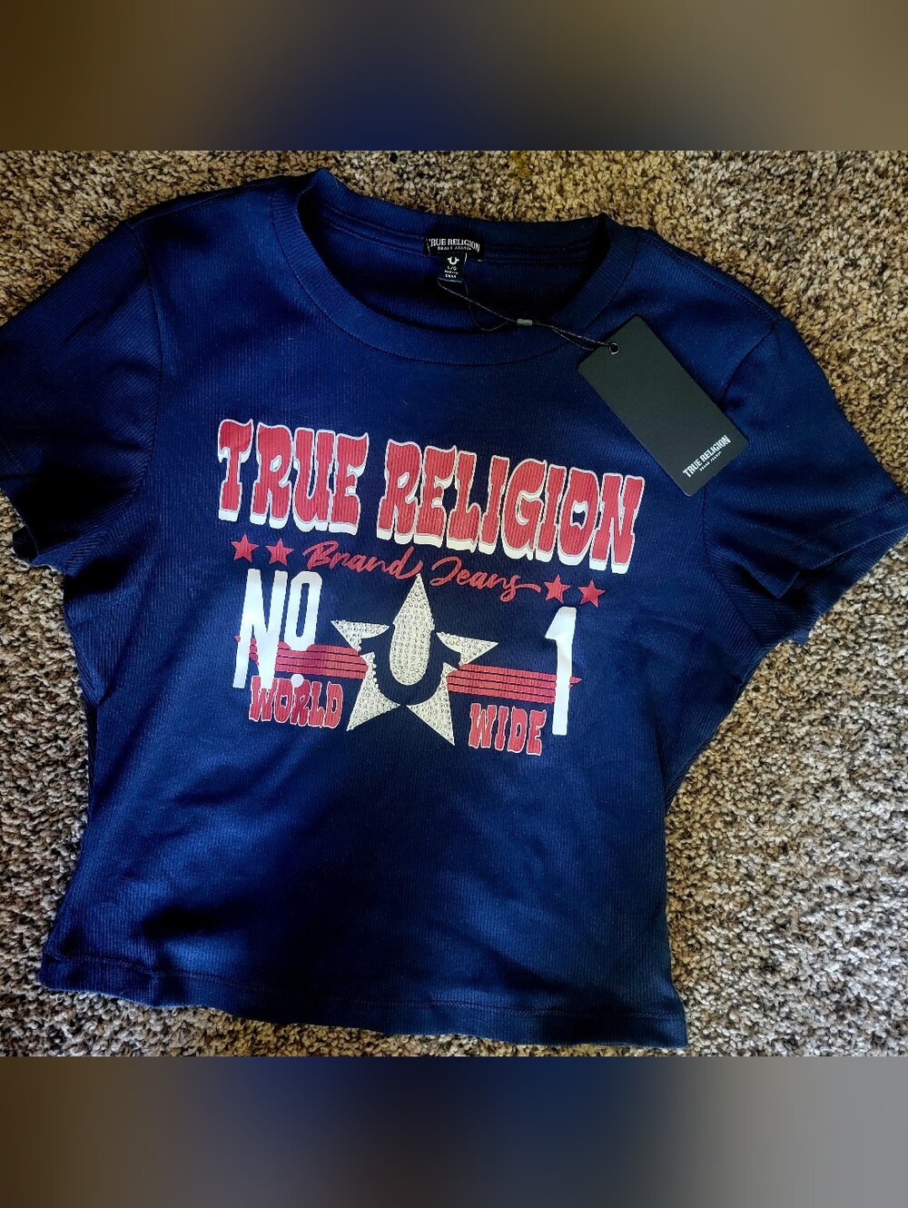 True Religion Navy Short Sleeve Graphic Tee with Red & White Juniors New W Tag